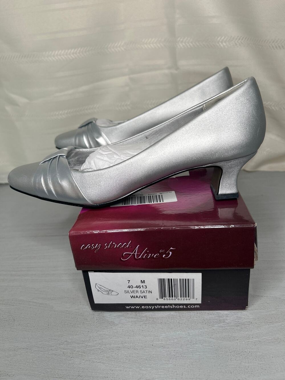Easy Street Waive Kitten Heel Pump Silver Satin 7 M Square Toe Slip-On Women's